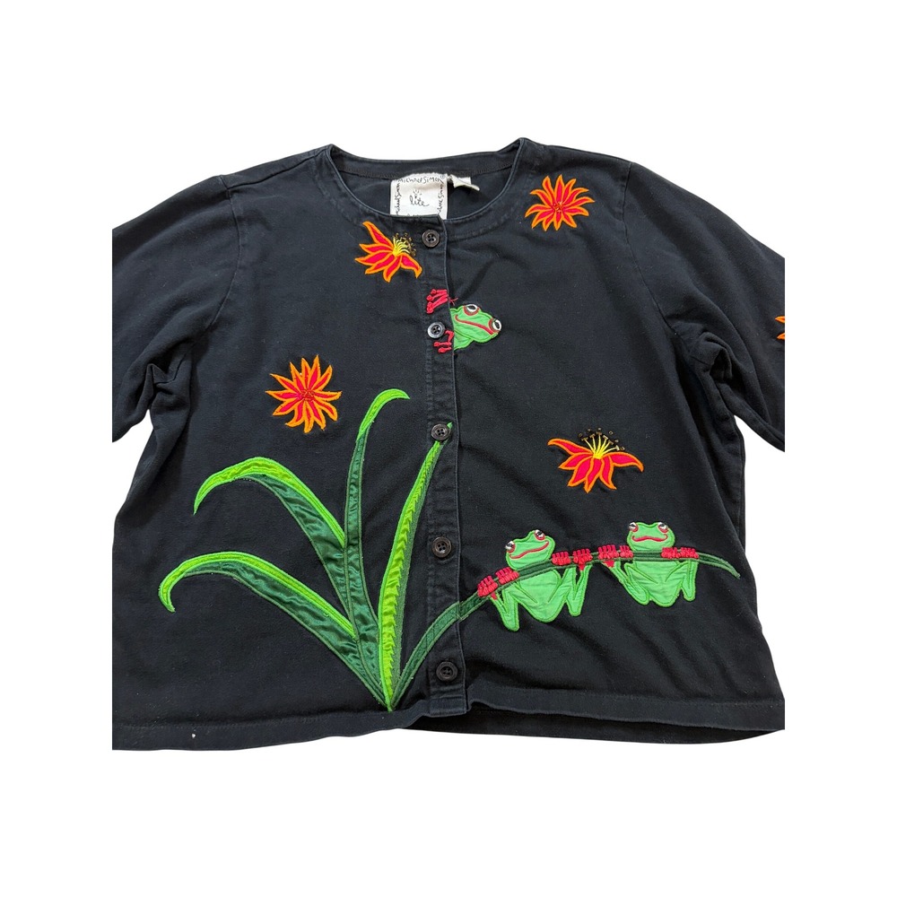 Michael Simon Lite Peeping Frog Embroidered Cardigan Top Black Cotton Med